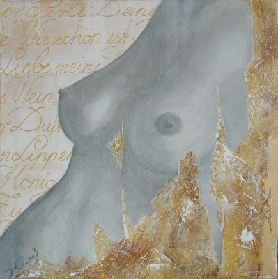 Acrylbild einer weiblichen Figur vor goldenen Zeilen aus dem biblischen Hohelied als Lobpreis der Liebe